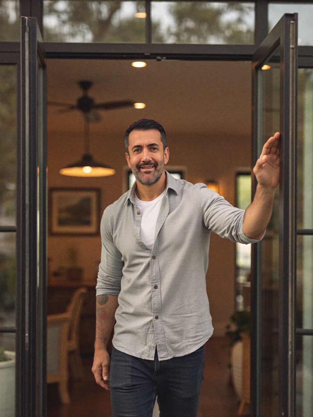 Justin Brown welcoming a client into a Southern California home